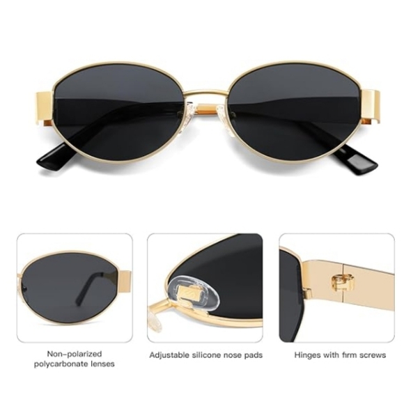 Retro Oval Sunglasses Classic UV400 Protection Black Gold - Picture 3 of 6